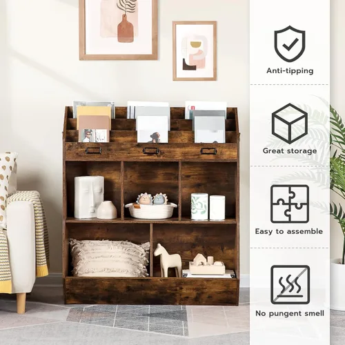 Miniatura 5 de HOOBRO Estantería para niños, organizador de almacenamiento para juguetes, estantería para niños, 5 compartimentos y 3 estantes de 3 niveles