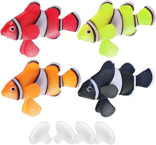 Juego de 4 piezas de pez payaso artificial de silicona, adorno de acuario inofensivo flotante brillante colorido para decoración de peceras