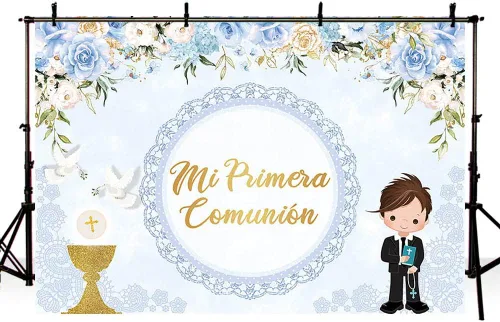 Miniatura 4 de AIBIIN Telón de fondo de bautismo de 7 x 5 pies para niño Mi Primera Comunión Bautizo Fotografía Fondo Dios bendiga Primera Comunión Banner Palomas