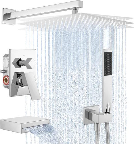 Miniatura 15 de KES Juego de llave de bañera y ducha Sistema de ducha con cabezal de ducha de lluvia de 10 pulgadas y llave de cascada para bañera Montaje en pared