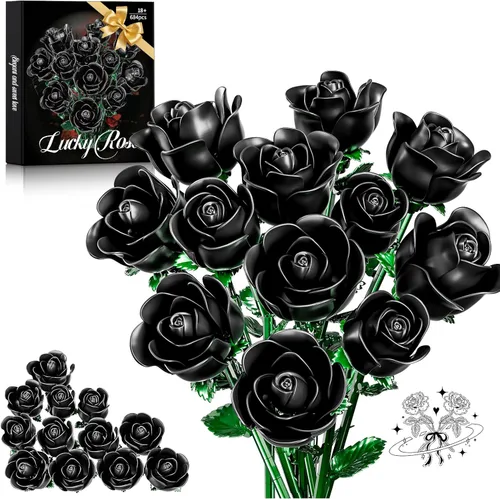 Juego de construcción de ramo de rosas negras para mujeres adultas, paquete de 12 colecciones botánicas, regalo para Navidad, día de San Valentín y