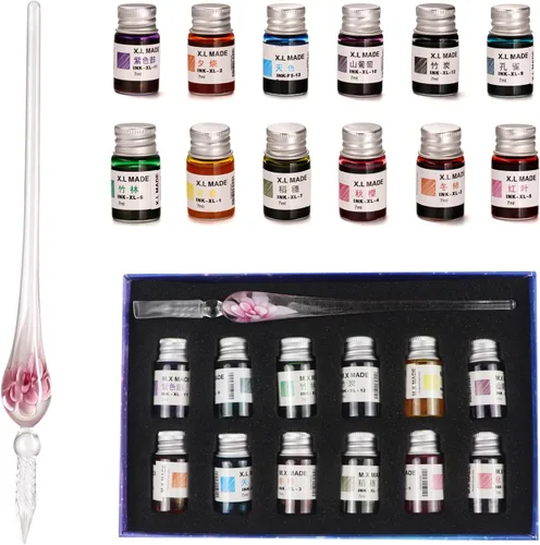 Miniatura 8 de Juego de bolígrafos de cristal para caligrafía, 12 tintas coloridas, juegos de caligrafía para arte, escritura, firma, decoración, regalo