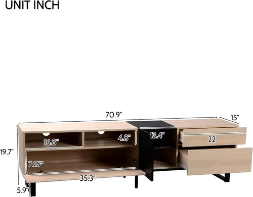 Miniatura 7 de Virubi - Soporte de TV moderno con 3 gabinetes y estantes abiertos, centro de entretenimiento minimalista de madera para televisores de hasta 80