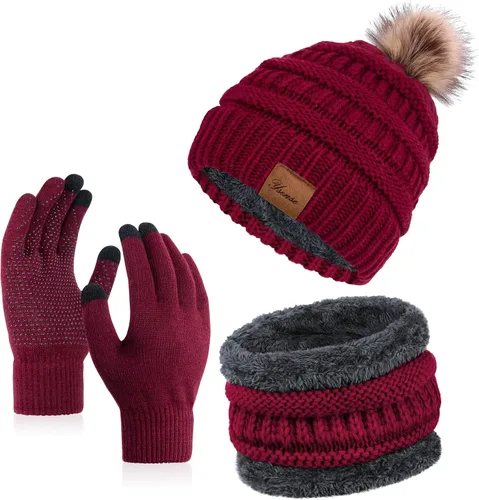 YSense Conjunto de gorro de invierno para mujer, bufanda y guante, cálido forro polar con pompones, calentador de cuello y guantes para pantalla