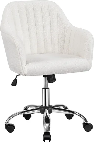 Yaheetech Boucle - Silla de tocador de escritorio con respaldo, cómoda silla rodante de oficina con ruedas, ergonómica, altura ajustable, giratoria,