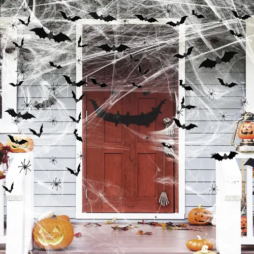 Miniatura 8 de Famoby 1200 pies cuadrados de telarañas de Halloween y 120 murciélagos falsos y 50 arañas falsas, telarañas superelásticas para decorar fiestas