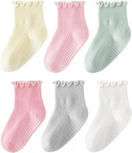 Miniatura 8 de HONGTEYA - 6 pares de calcetines con volantes para niñas, calcetines antideslizantes para bebés con agarre para niñas y niños de 1 a 2 años, 3 a 4