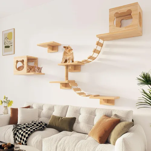 Miniatura 2 de PETKABOO - Muebles de pared para gatos, muebles de pared de pino para gatos, estantes de escalada con escalador, condominio, poste rascador