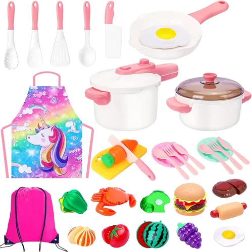 Meaicezli - Juego de accesorios de cocina de juguete para niños, juego de ollas y sartenes para niños pequeños con comida de juguete, platos y