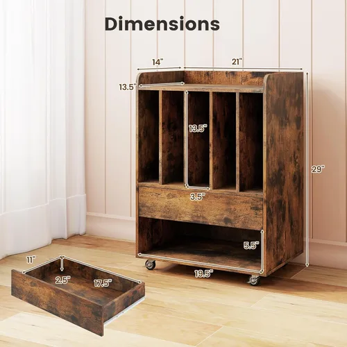 Miniatura 3 de LOKO Soporte para tocadiscos sobre ruedas, soporte giratorio con 5 compartimentos, cajón y estante abierto, estante de exhibición de vinilo