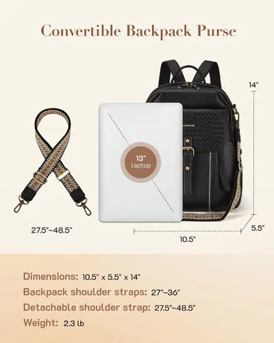 Miniatura 6 de Missnine Mochila de cuero para mujer, mochila antirrobo, bolsa de hombro convertible con cremalleras seguras para viajes y trabajo, Negro -, Vintage