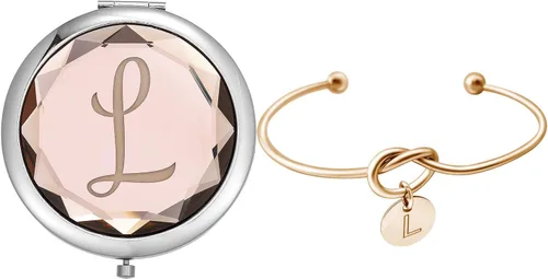 Espejos de maquillaje compactos de bolsillo de cristal, el juego de espejos de letras incluye 1 espejo de letra, 1 pulsera de nudo de amor para