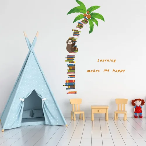 Miniatura 3 de IARTTOP Calcomanía de pared de perezoso de árbol de coco, diseño de perezoso, libro grande, calcomanías de pared para dormitorio, sala de estudio