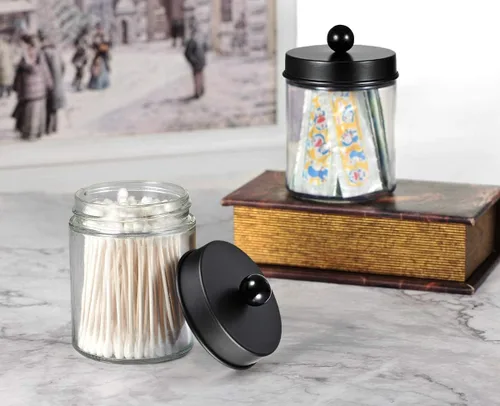 Miniatura 4 de Amolliar 6 tarros de boticario para baño, organizador de tocador de baño, decoración rústica de granja con tapas de acero inoxidable, soporte Negro