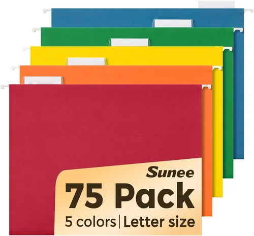 SUNEE Carpetas colgantes para archivos, colores surtidos, paquete de 75 carpetas de archivos de colores, tamaño carta con pestañas de corte de 1/5,