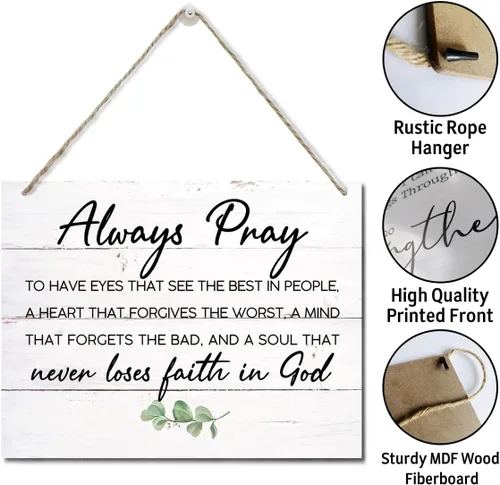 Miniatura 5 de Placa de madera impresa con versículo bíblico, letrero de pared para el hogar, siempre reza para tener ojos, cita de las Escrituras, placa colgante