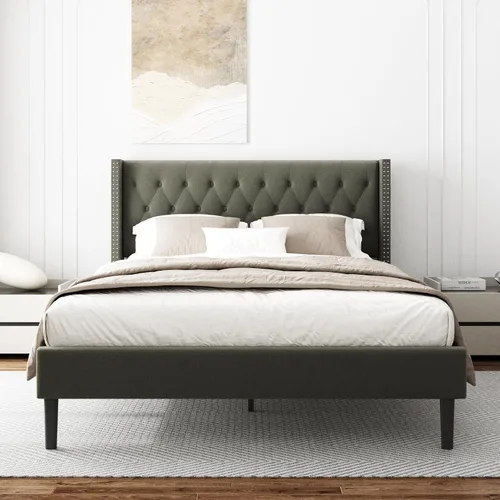 Miniatura 10 de HAOARA Base de cama de tamaño matrimonial, plataforma tapizada con cabecera con respaldo de ala, botón de terciopelo, fácil montaje, no necesita