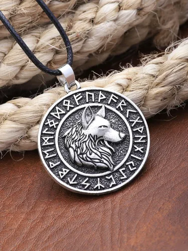 Miniatura 3 de HAQUIL Viking Wolf Necklace, Ancient Runes Medallion with Fenrir Wolf Head Pendant, Viking Jewelry Gift