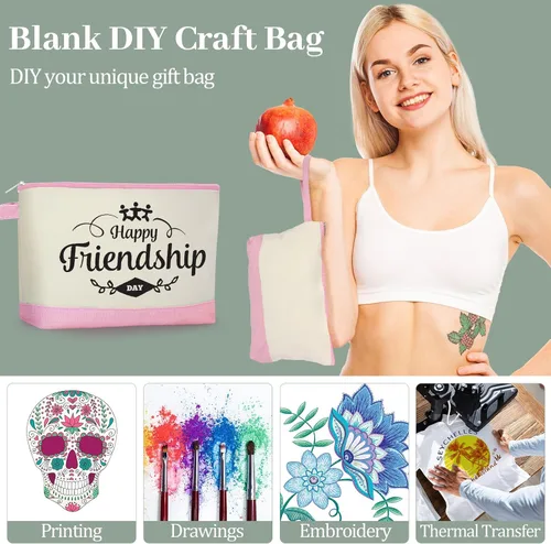 Miniatura 6 de Silkfly Bolsas de maquillaje de lona de algodón con cremallera cosmética de 10.2 x 5.5 x 2 pulgadas, bolsa de bricolaje en blanco a granel