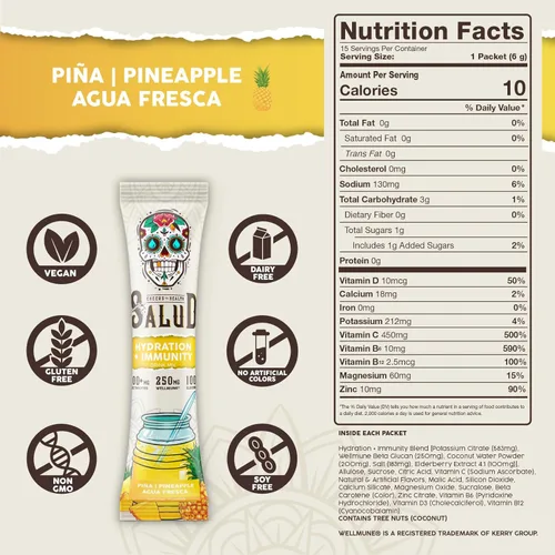 Miniatura 3 de Paquetes de Hidratación 2 en 1 Salud + Polvo de Electrolitos para la Inmunidad, Piña - Mezcla para Bebida de Agua Fresca, Baya del Saúco, Libre