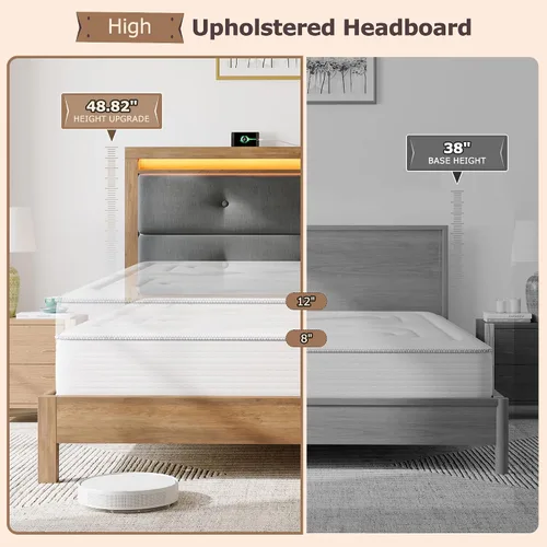Miniatura 9 de EnHomee Base de cama de tamaño matrimonial con carga USB y tipo C y luces LED, cabecera de almacenamiento tapizada, cama de plataforma de madera