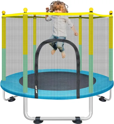 Trampolín interior para niños de 1 a 8 años, trampolín pequeño de 55 pulgadas para exteriores con red de seguridad, diseño seguro sin huecos,