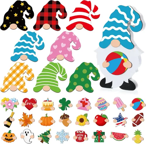 Qunclay 33 piezas intercambiables de gnomo de madera para decoración de verano del 4 de julio, decoración patriótica de gnomo con imán y sombreros
