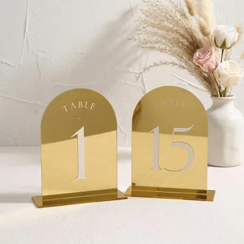 Miniatura 8 de UNIQOOO Números de mesa de arco esmerilado para boda 1-15 con soportes, lámina de oro impresa en acrílico de 5x7, signos de exhibición y soportes
