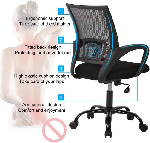 Miniatura 3 de Silla de oficina ergonómica de malla con respaldo medio, soporte lumbar, ajustable, giratoria, enrollable, silla de escritorio rosa con brazos