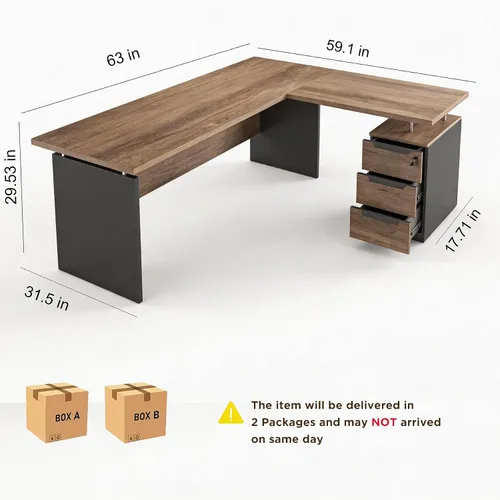 Miniatura 2 de Escritorio ejecutivo en forma de L de 63 pulgadas, escritorio industrial moderno de oficina de madera con cajones de bloqueo, gestión de cables