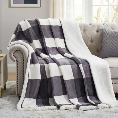 Miniatura 15 de PU MEI - Cobija de vellón sherpa de 50 x 60 pulgadas, suave, acogedora, gruesa y cálida para sofá o cama Gris y azul