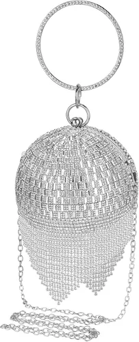 Bolso de mano redondo para mujer pequeño bolso de noche de cristal deslumbrante borla de diamantes de imitación boda fiesta bolso cruzado con asa de