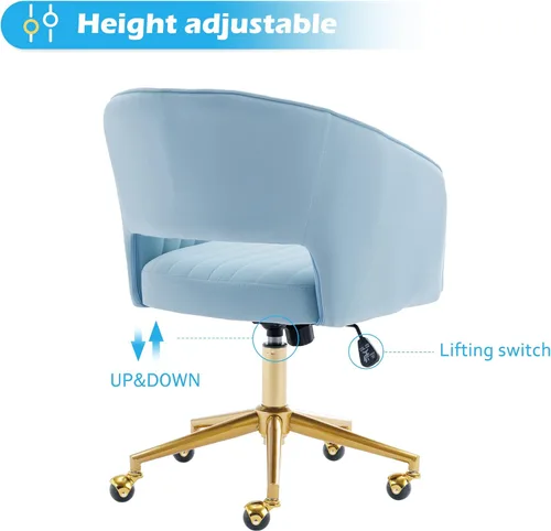 Miniatura 4 de KCC Silla de oficina en casa, silla giratoria de escritorio, sillón tapizado moderno con base dorada para niñas y mujeres, asiento de estudio Azul