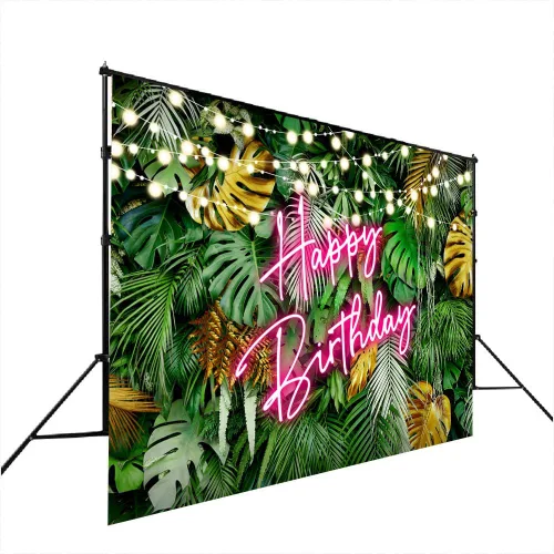 Miniatura 3 de Lofaris Telón de fondo hawaiano tropical Aloha con hojas de palma, feliz cumpleaños, color rosa, neón, hojas verdes selva, fondo para adultos