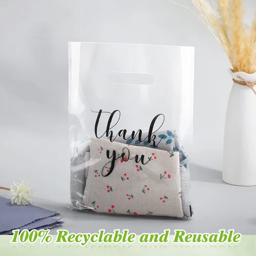 Miniatura 5 de Crtiin 100 piezas de bolsas de mercancía transparentes con texto "Thank You" y asas troqueladas para compras, bolsas de plástico para embalaje