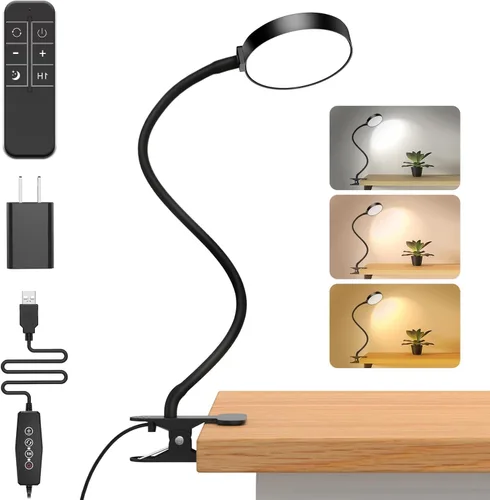 iFalarila Luz de lectura con control remoto, lámpara de escritorio LED con clip [temporizador de 1 hora y luz nocturna] RA>95 regulable cuello de