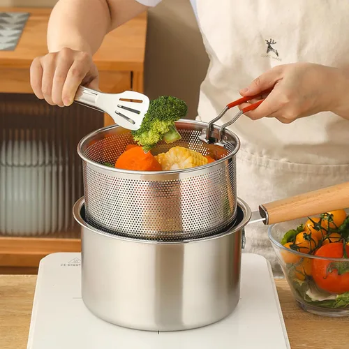 Miniatura 8 de Set de colador de pasta de 2 piezas, colador de fideos de acero inoxidable con asa extraíble, colador de pasta de metal, cesta para freidora