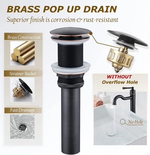 Miniatura 6 de Grifo de fregadero ORB para baño, grifo alto de un solo agujero, montaje sobre lavabo, desagüe desplegable sin desbordamiento, líneas de suministro