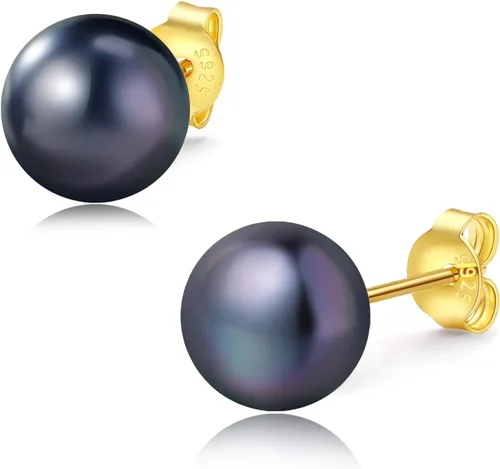 Miniatura 25 de YAMI Black/Grey/White Pearl Earrings, Real Cultured Pearl, 925 Sterling Silver Stud Earrings Plated with 18K Gold, Classic & Elegant Jewelry Gifts