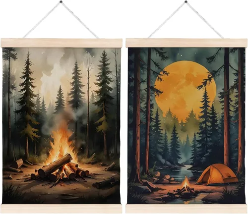 Miniatura 8 de Arte de pared para el hogar, bosque rústico, fogata, campamento, arte de pared, paisaje de naturaleza de montaña oscura, escena nocturna, lienzo