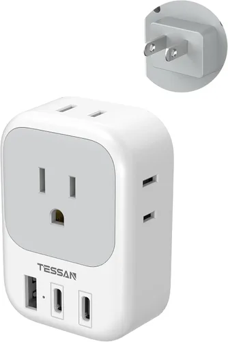 Miniatura 11 de Adaptador de enchufe de viaje europeo, adaptador de corriente TESSAN International con 4 tomas, 4 puertos USB (2 USB-C, 1 con PD 20W), adaptador