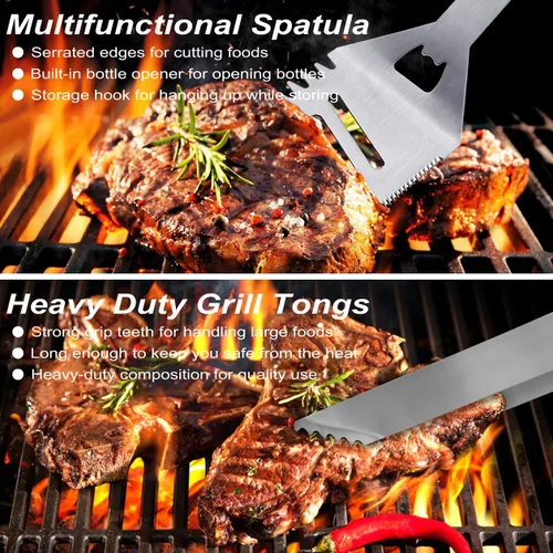 Miniatura 4 de POLIGO Juego de 29 herramientas para parrilla de barbacoa de acero inoxidable con bolsa de almacenamiento para el día del padre, regalos de Plateado