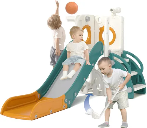 KORIMEFA Tobogán infantil 7 en 1, tobogán infantil para bebés de 1 a 3 años, para interiores y exteriores, con aro de baloncesto y juego de golf,