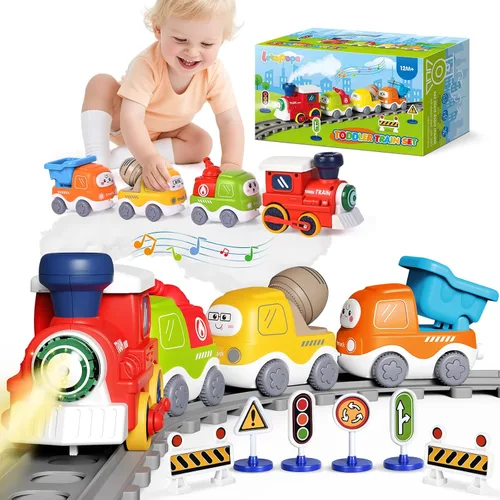 Juego de Tren para Niños Pequeños con Vapor, Sonido y Luces, Juguetes para Niños de 2 a 4 años, Juego de Tren Eléctrico con Pistas y Señales de