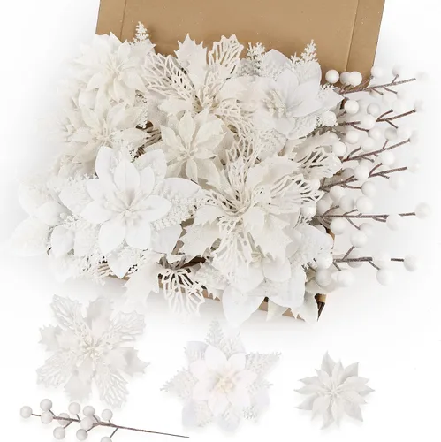 Miniatura 10 de N&T NIETING - Kit de 24 piezas de flores artificiales de Pascua y tallos con bayas y purpurina para Navidad, adornos florales para árbol de Navidad