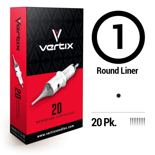 Miniatura 2 de Vertix - 1 delineador redondo, paquete de 20 cartuchos de máquina de tatuaje de membrana - Punta desmontable transparente, minimiza la vibración