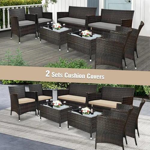 Miniatura 2 de Tangkula Juego de muebles de patio de ratán de 8 piezas, con mesa de centro de vidrio templado, juego de mesa de sofá para exteriores, con cojín