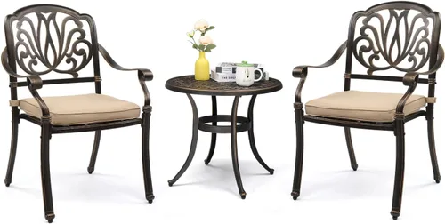 VINGLI Juego de 3 piezas de bistró para exteriores, mesa de patio de aluminio fundido y 2 sillas para patio, balcón, jardín, juego de muebles de