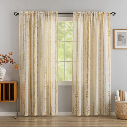 Miniatura 15 de Juego de 2 paneles de cortinas de lino bohemio, cortinas de semi privacidad para sala de estar, cortinas rústicas de campo de 54 pulgadas de largo