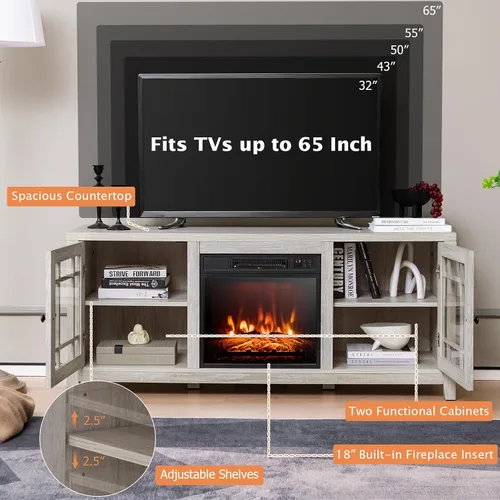 Miniatura 3 de GOFLAME Soporte de TV con chimenea de 58 pulgadas para televisores de hasta 65 pulgadas, consola de TV de madera con chimenea eléctrica de 18 Natural